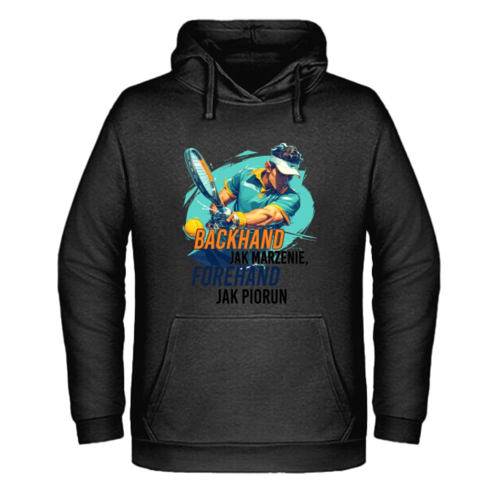 Backhand jak marzenie, forehand jak piorun bluza męska z kapturem kolor czarny