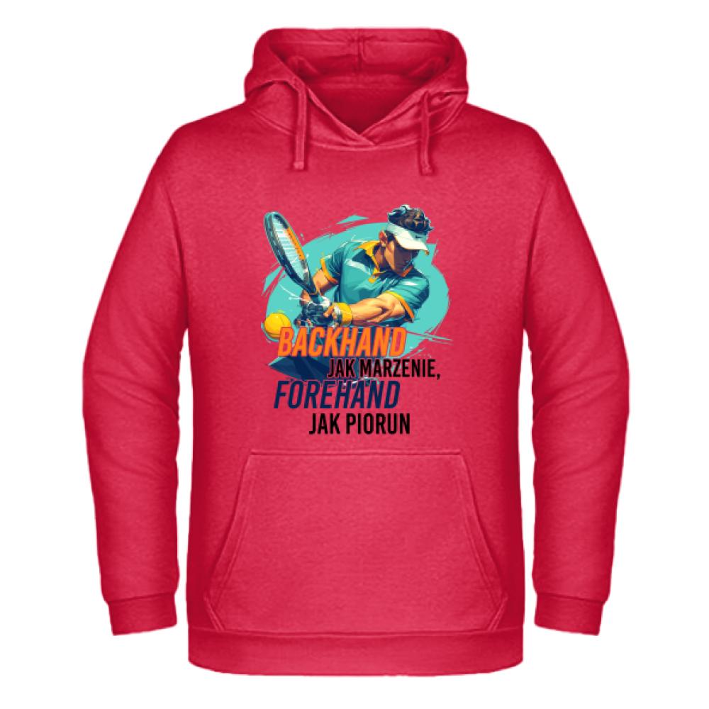 Backhand jak marzenie, forehand jak piorun bluza męska z kapturem kolor czerwony