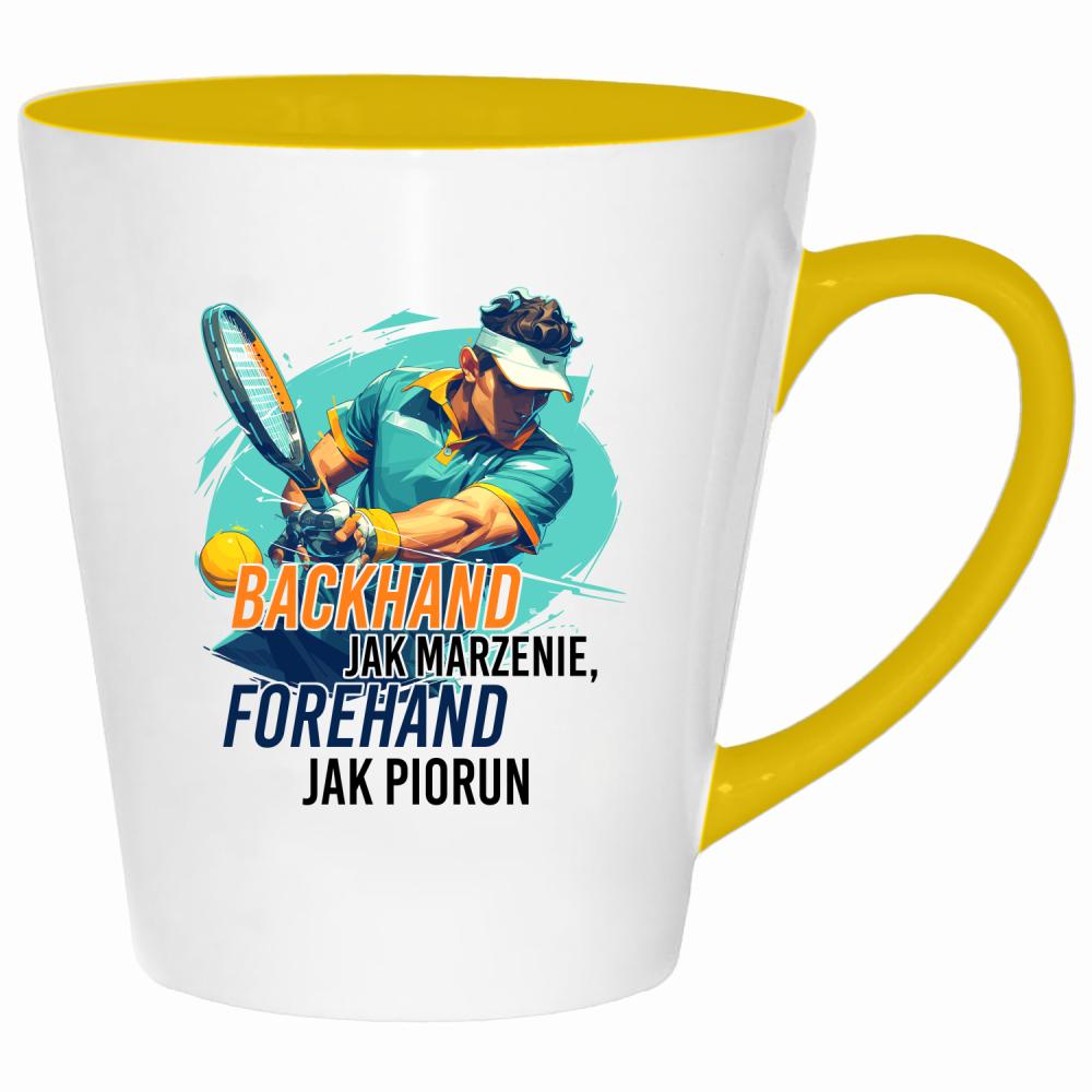 Backhand jak marzenie, forehand jak piorun kubek latte kolor żółtyy