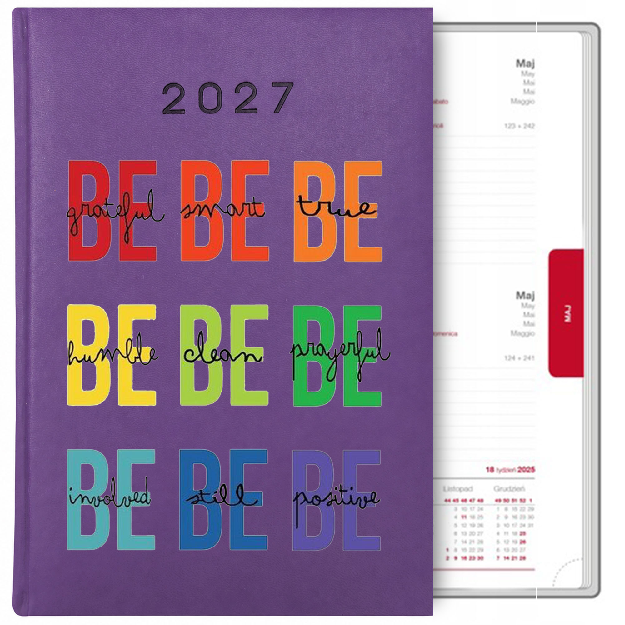 Be grateful, be smart, be true kalendarz książkowy a5 2027 kolor fioletowy
