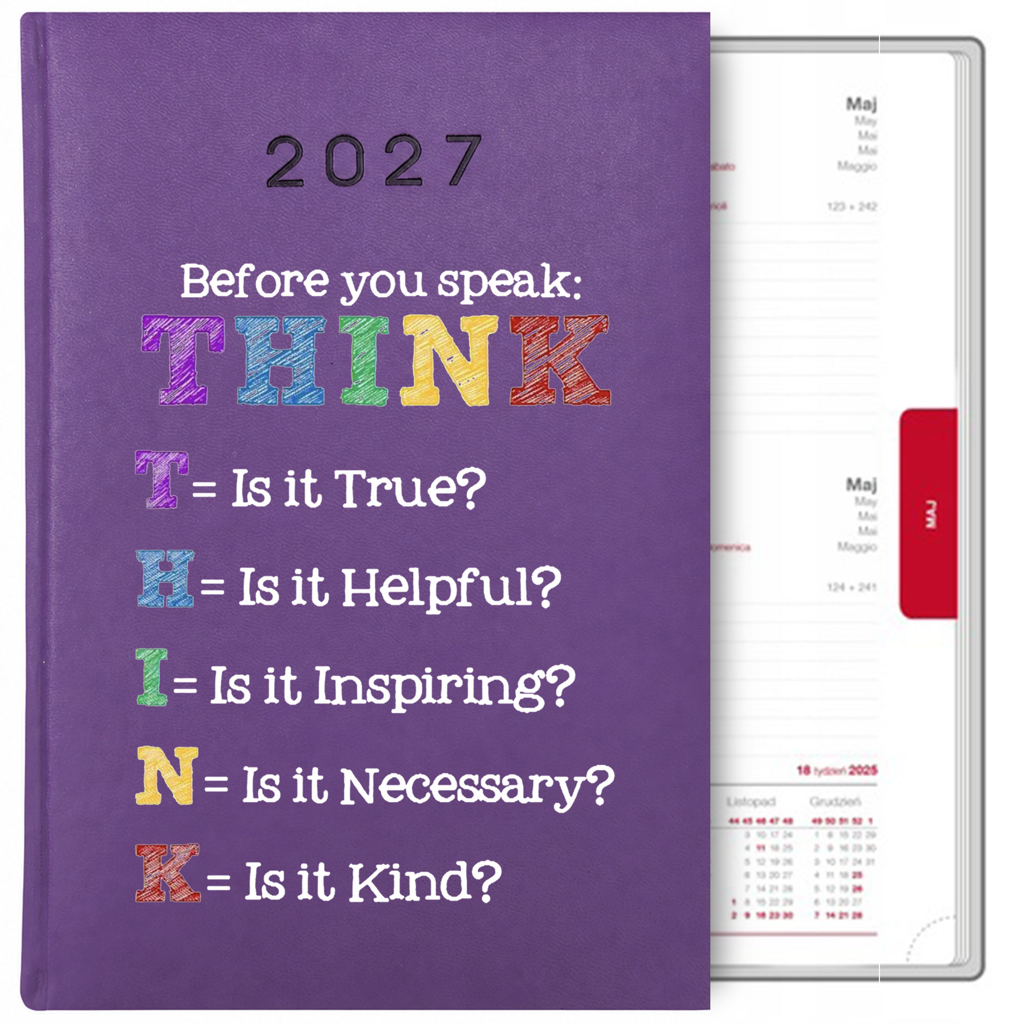 Before you speak: think kalendarz książkowy a5 2027 kolor fioletowy