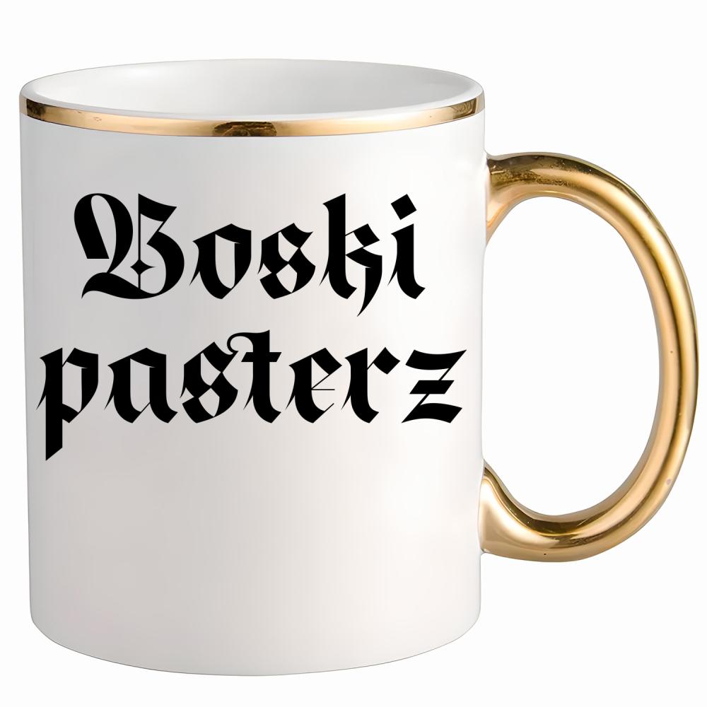 Boski Pasterz kubek ze złotym uchem i rantem kolor złoty