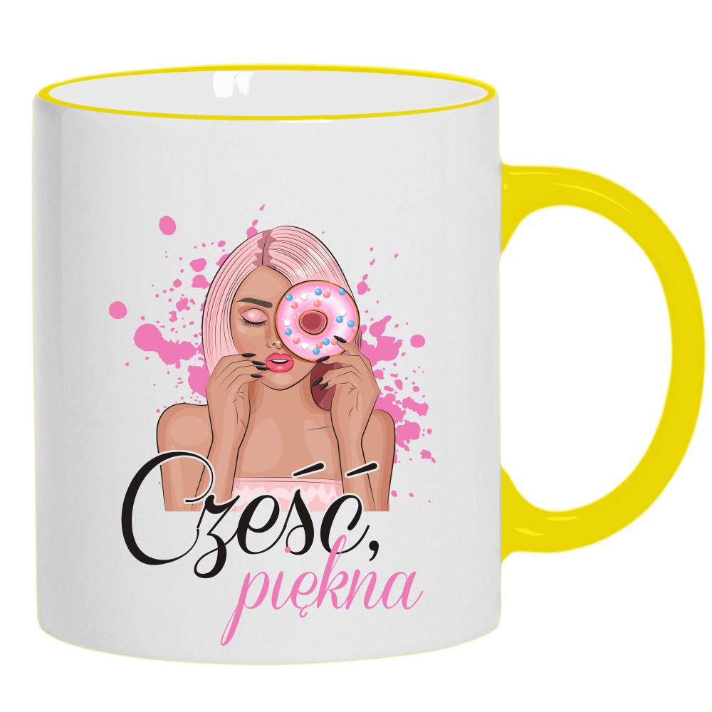 Cześć piękna kubek żółty uchwyt i rant kolor czerwony latte