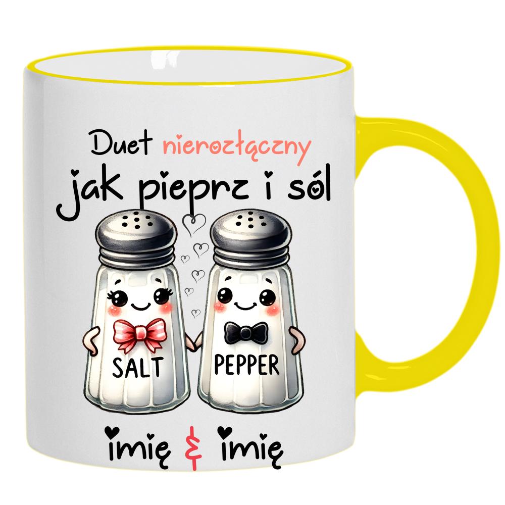 DUET NIEROZŁĄCZNY JAK PIEPRZ I SÓL kubek żółty uchwyt i rant kolor biały