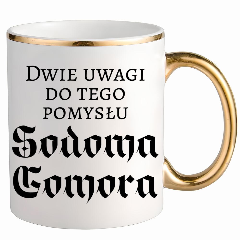 Dwie uwagi do tego pomysłu Sodoma Gomora kubek ze złotym uchem i rantem kolor pastelowy fiolet