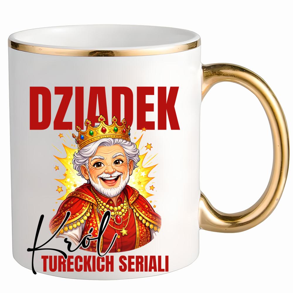 Dziadek - Król Tureckich Serialii kubek ze złotym uchem i rantem kolor żółty