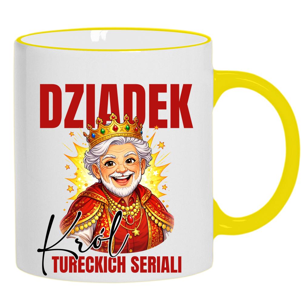Dziadek - Król Tureckich Serialii kubek żółty uchwyt i rant kolor turkus