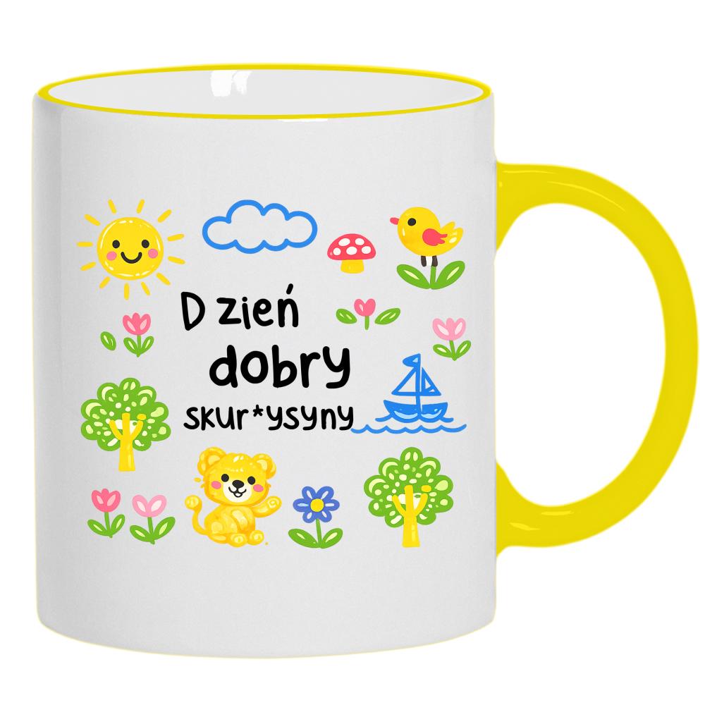 Dzień dobry sku#wysyny kubek żółty uchwyt i rant kolor biały