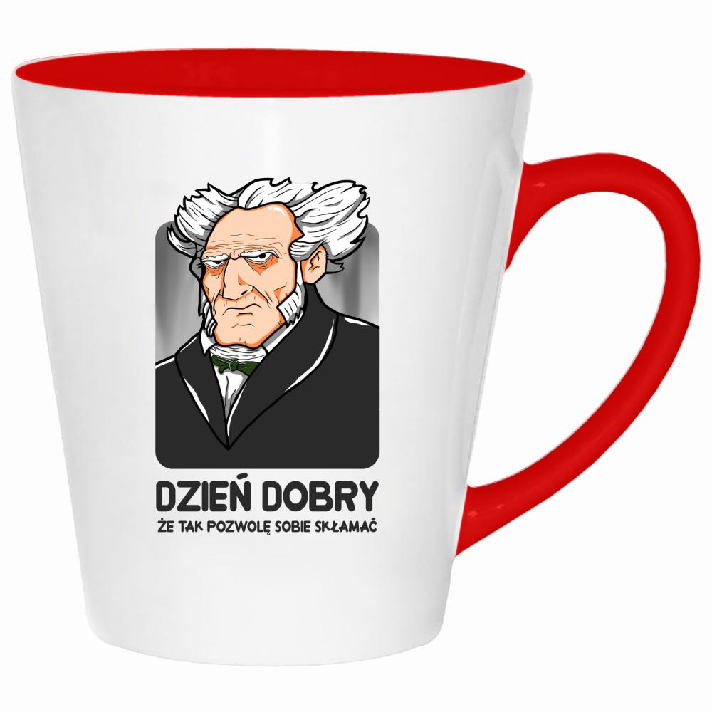 Dzień dobry, że tak pozwolę sobie skłamać kubek latte kolor czerwony latte