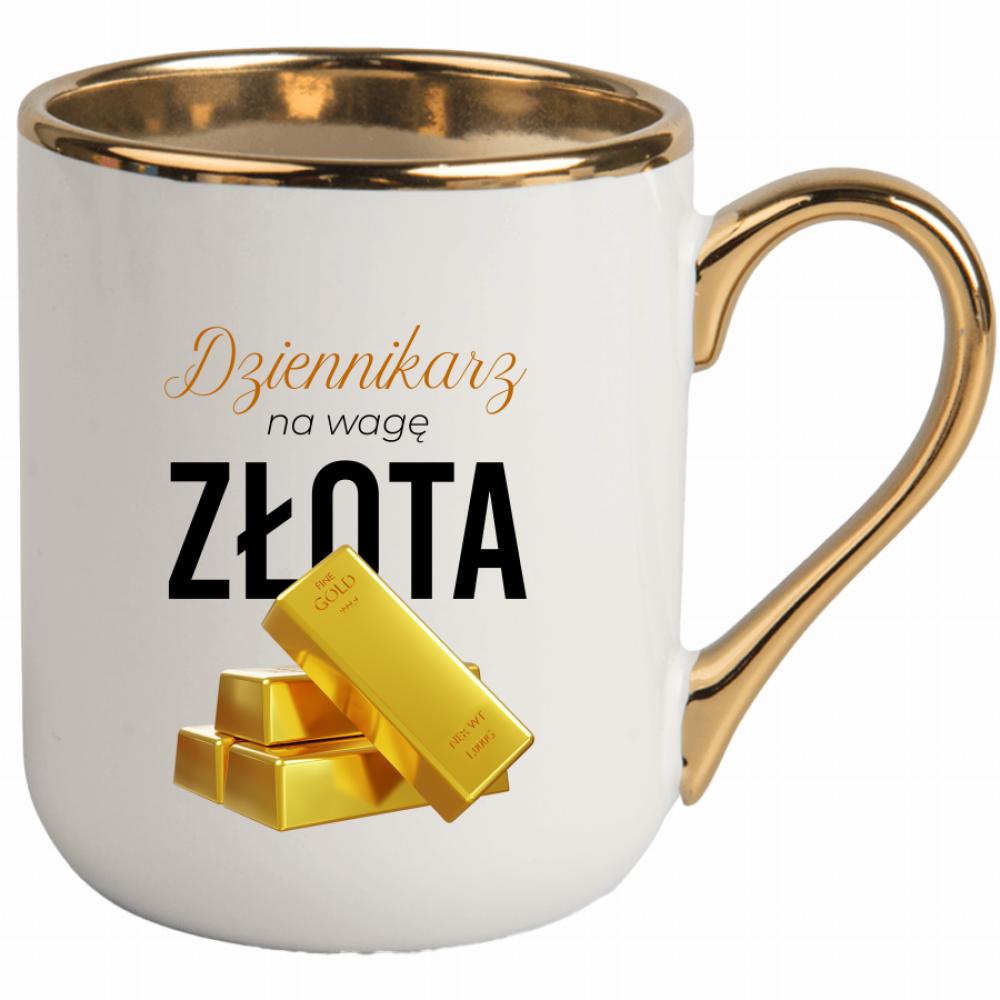 DZIENNIKARZ NA WAGĘ ZŁOTA kubek elegant biały kolor niebieski