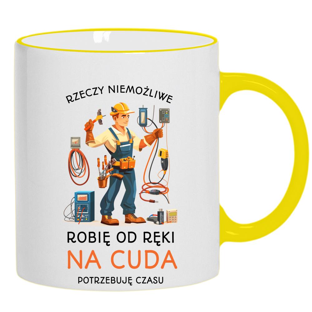 Elektryk Na cuda kubek żółty uchwyt i rant kolor czerwony latte