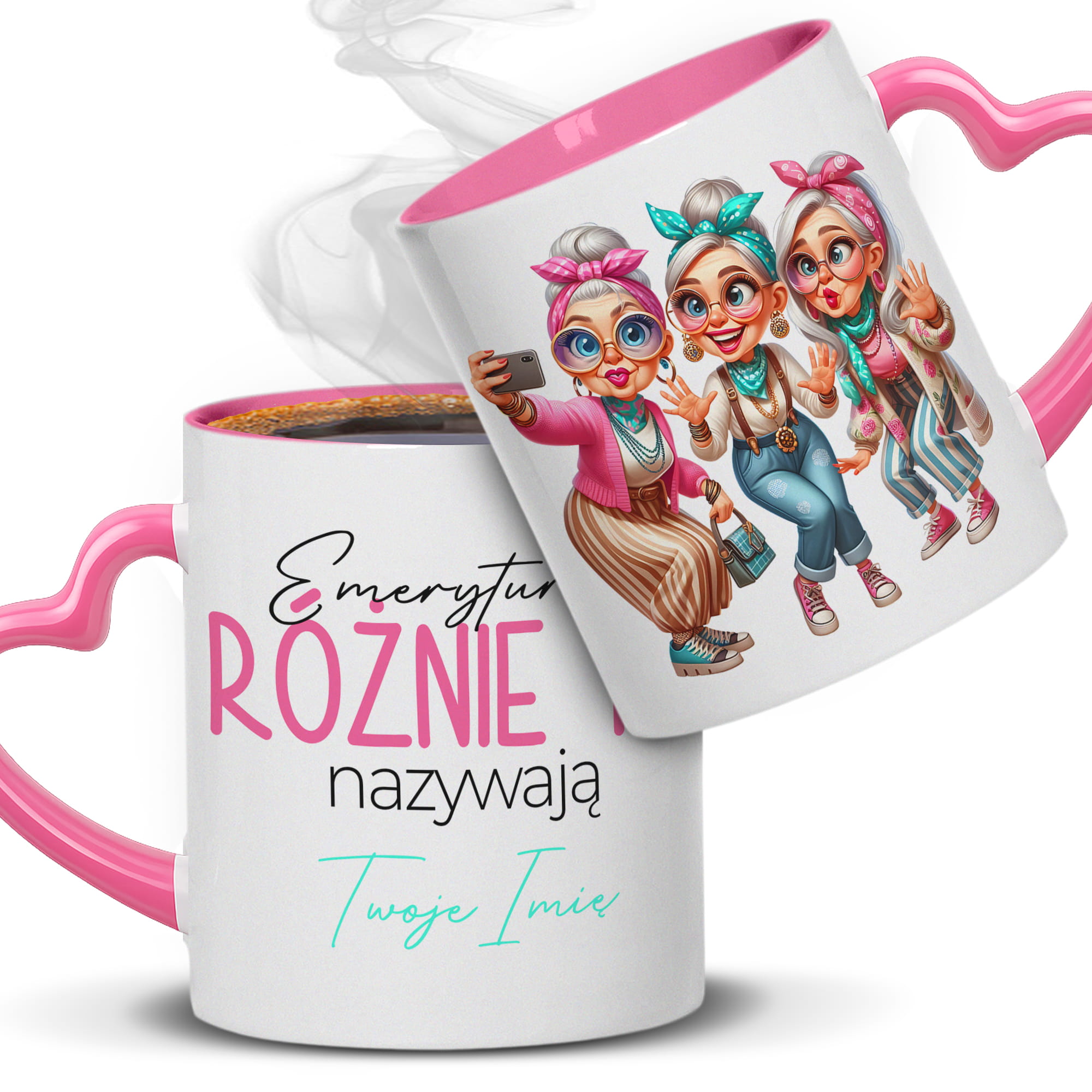 Emerytura? Różnie to nazywają kubek uchwyt serce kolor serce różowe