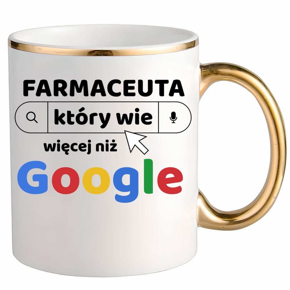 Farmaceuta, który wie więcej niż Google kubek ze złotym uchem i rantem kolor różowy