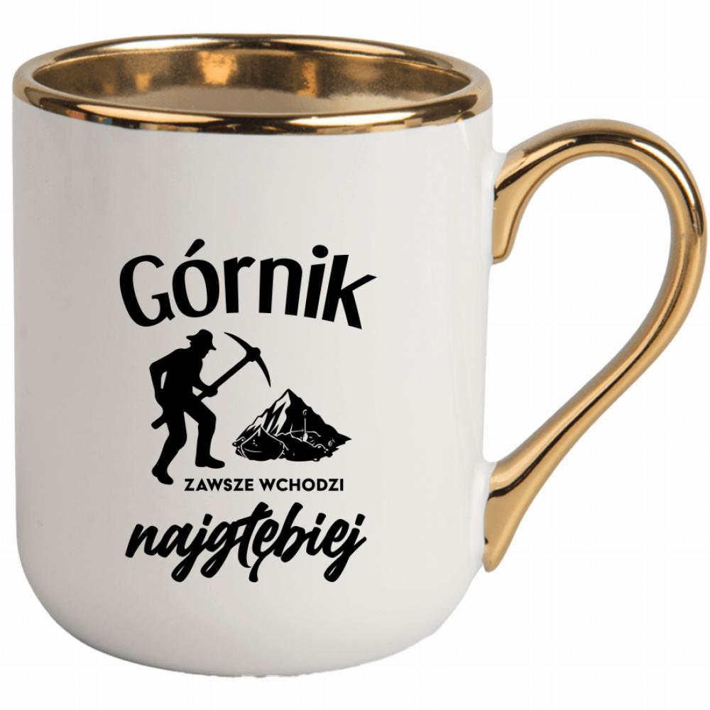 Górnik zawsze wchodzi najgłębiej 2 kubek elegant biały kolor żółty