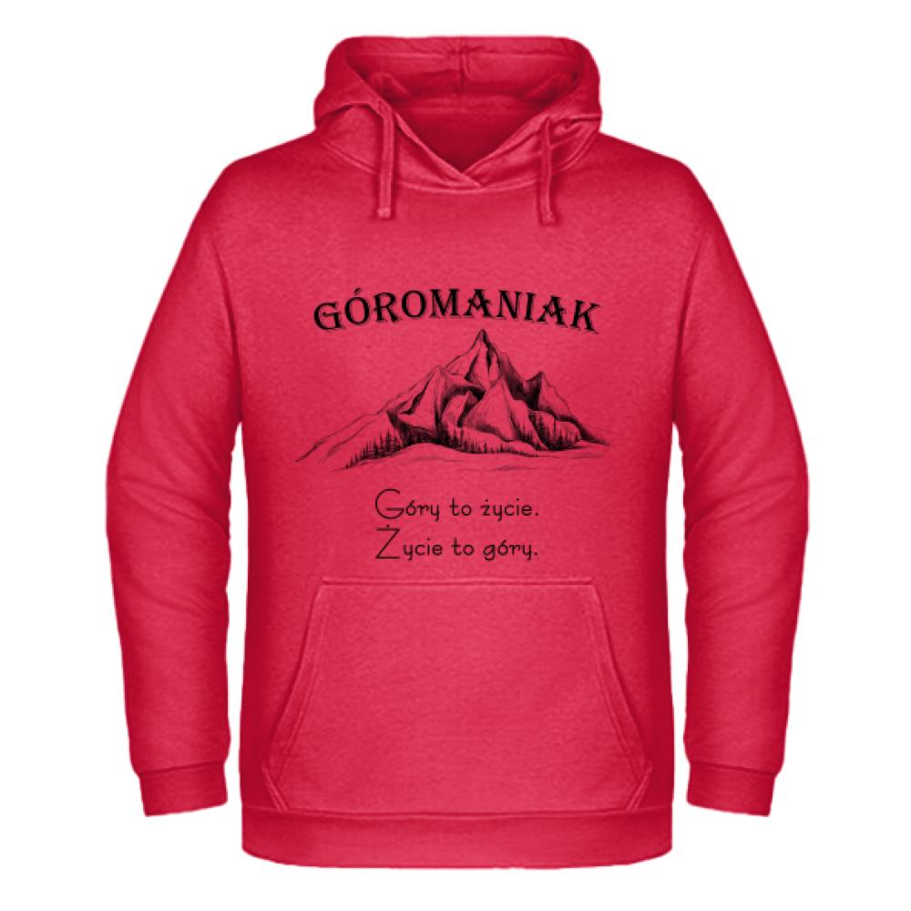Góromaniak – Góry to życie, życie to góry bluza męska z kapturem kolor czerwony