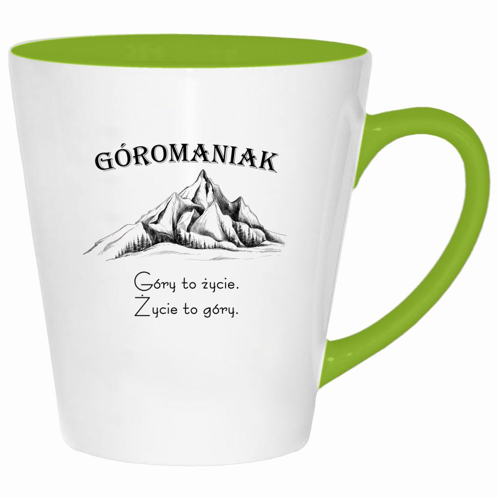 Góromaniak – Góry to życie, życie to góry kubek latte kolor limonka