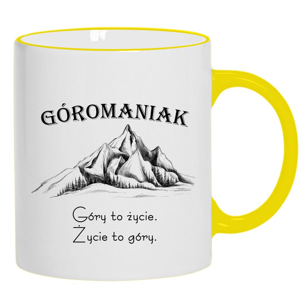 Góromaniak – Góry to życie, życie to góry kubek żółty uchwyt i rant kolor navy