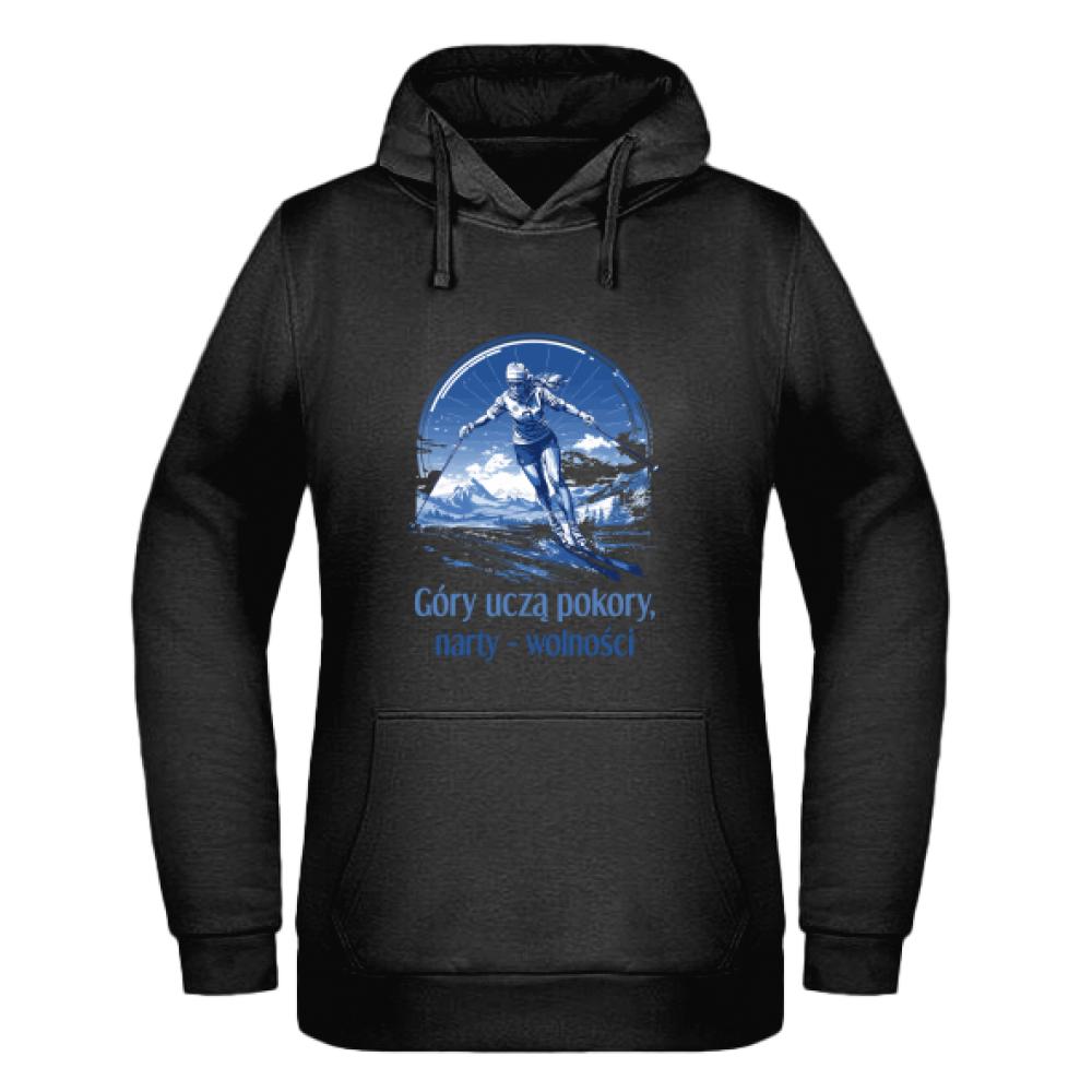 Góry uczą pokory, narty wolności bluza damska z kapturem kolor czerwony latte