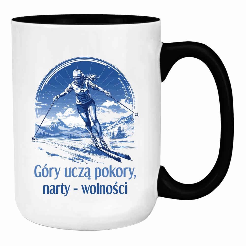 Góry uczą pokory, narty wolności duży kubek ucho kolor kolor biały