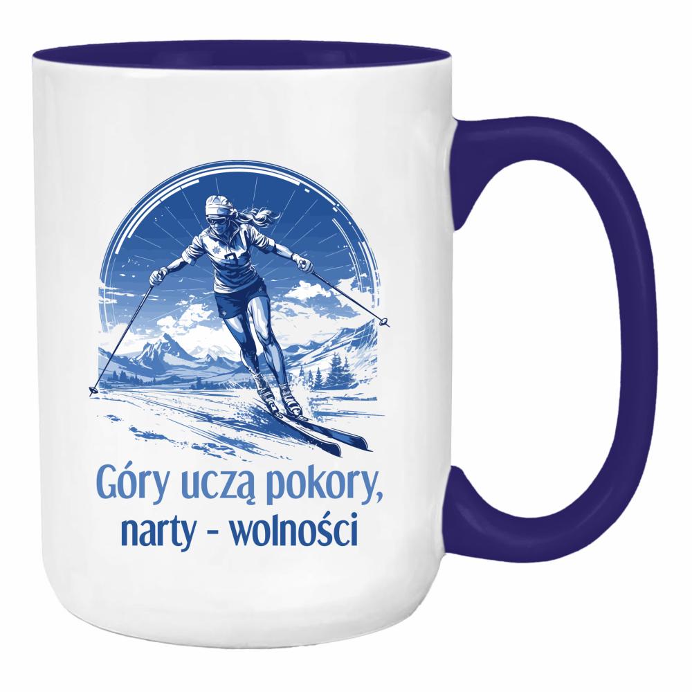 Góry uczą pokory, narty wolności duży kubek ucho kolor kolor navy