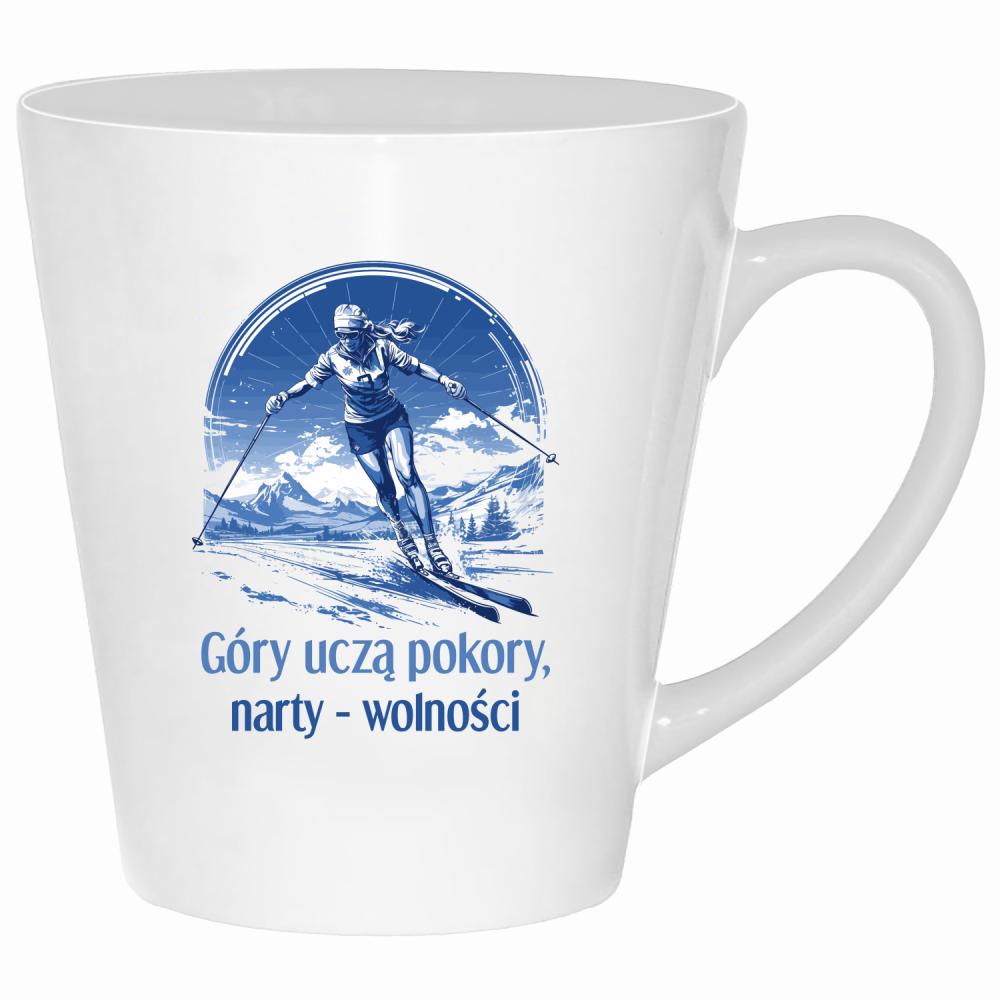 Góry uczą pokory, narty wolności kubek latte