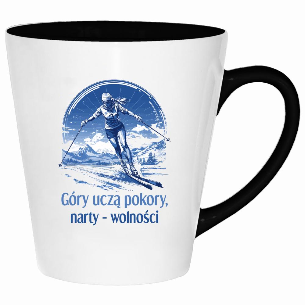 Góry uczą pokory, narty wolności kubek latte kolor biały