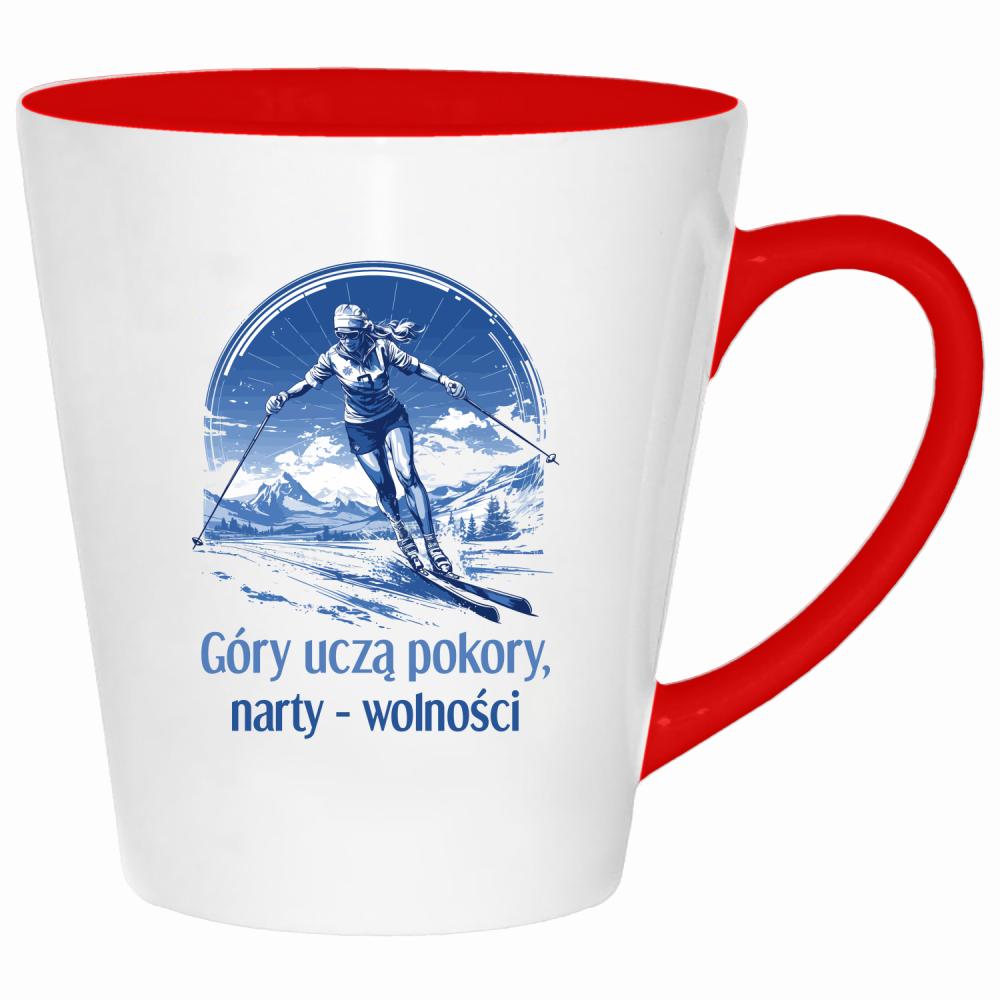 Góry uczą pokory, narty wolności kubek latte kolor czerwony latte