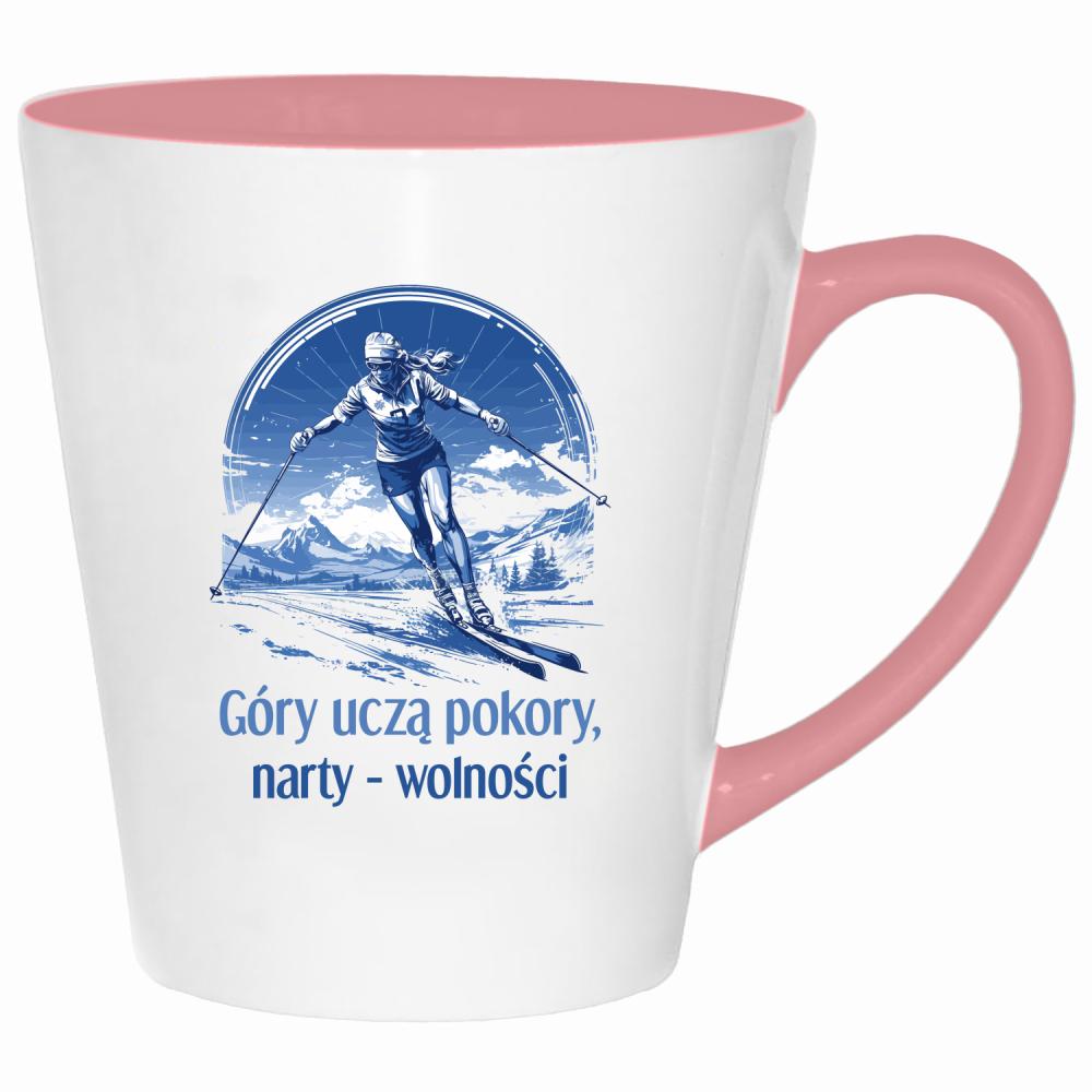 Góry uczą pokory, narty wolności kubek latte kolor pink