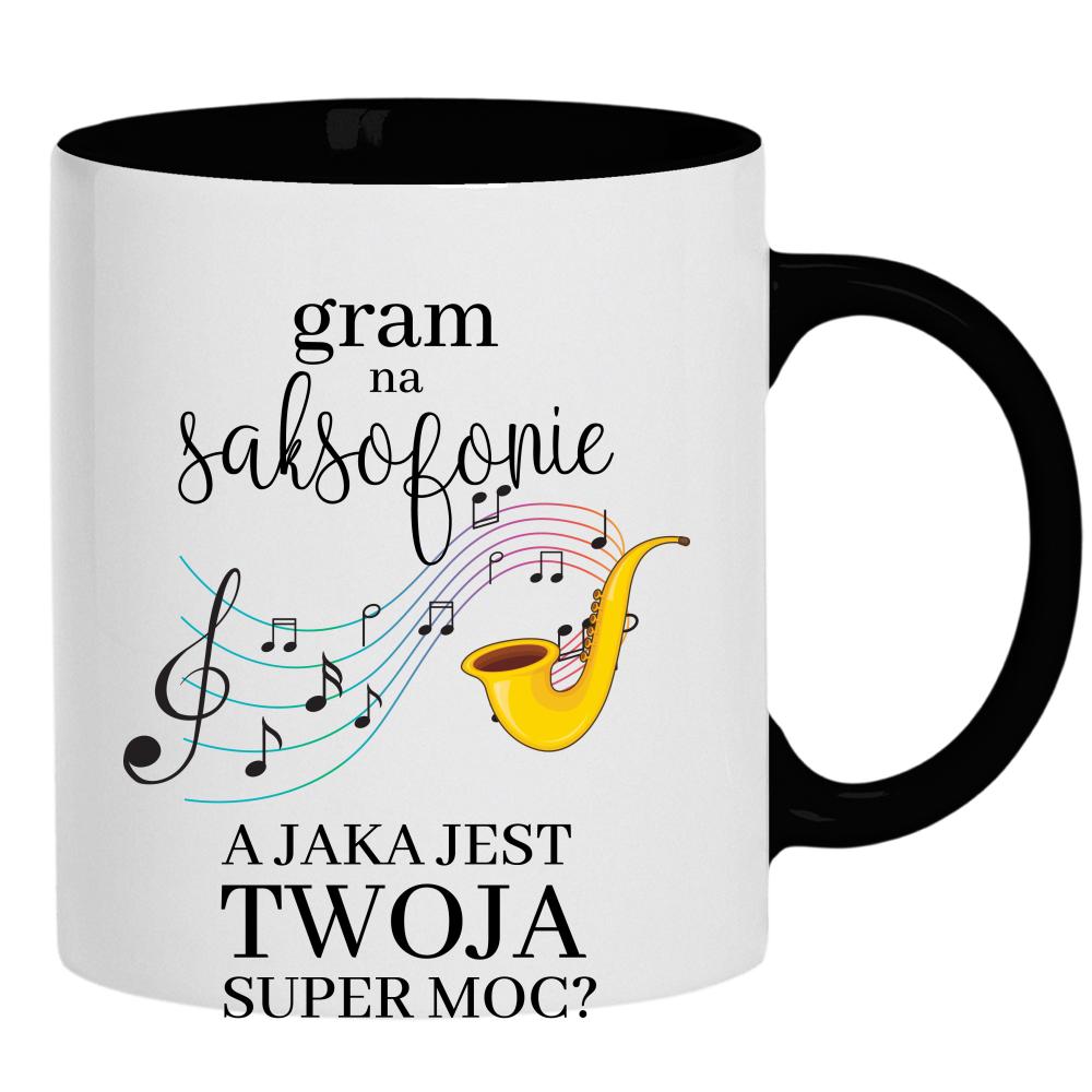 Gram na saksofonie kubek ucho kolor kolor czarnyy
