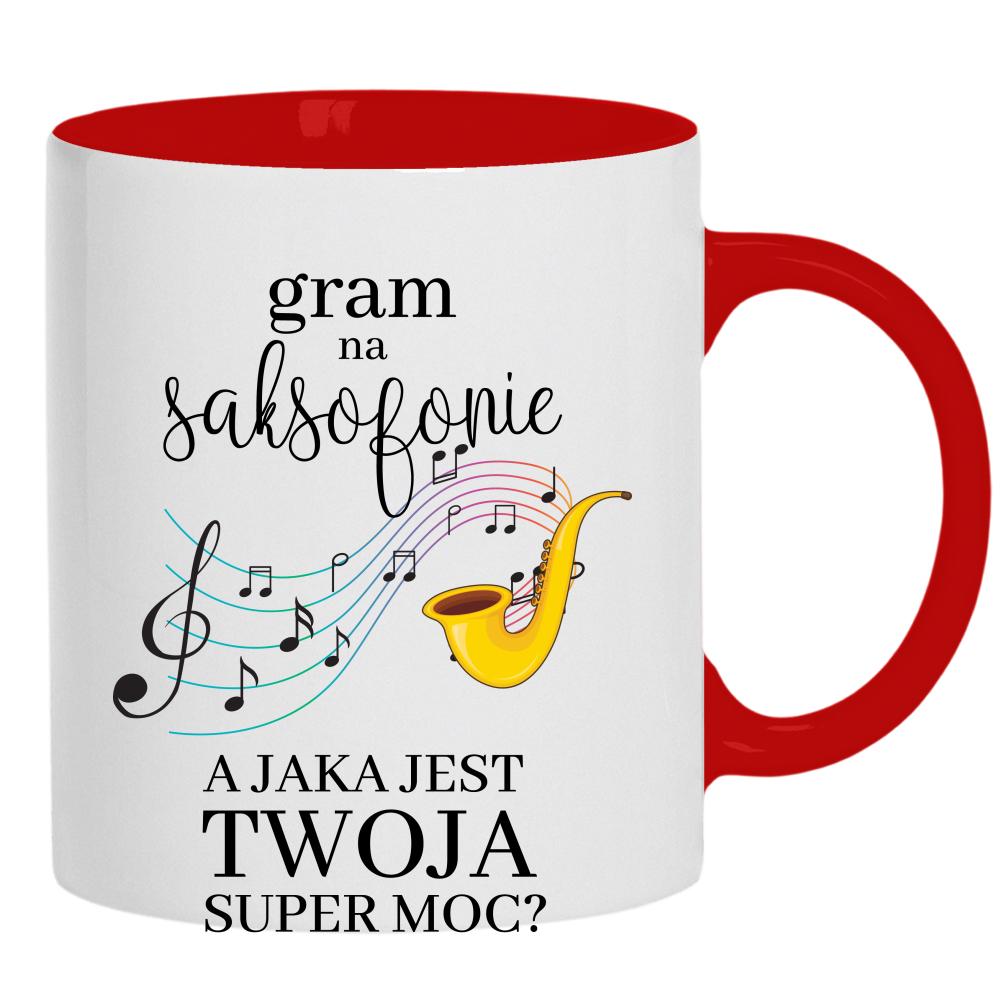 Gram na saksofonie kubek ucho kolor kolor czerwony