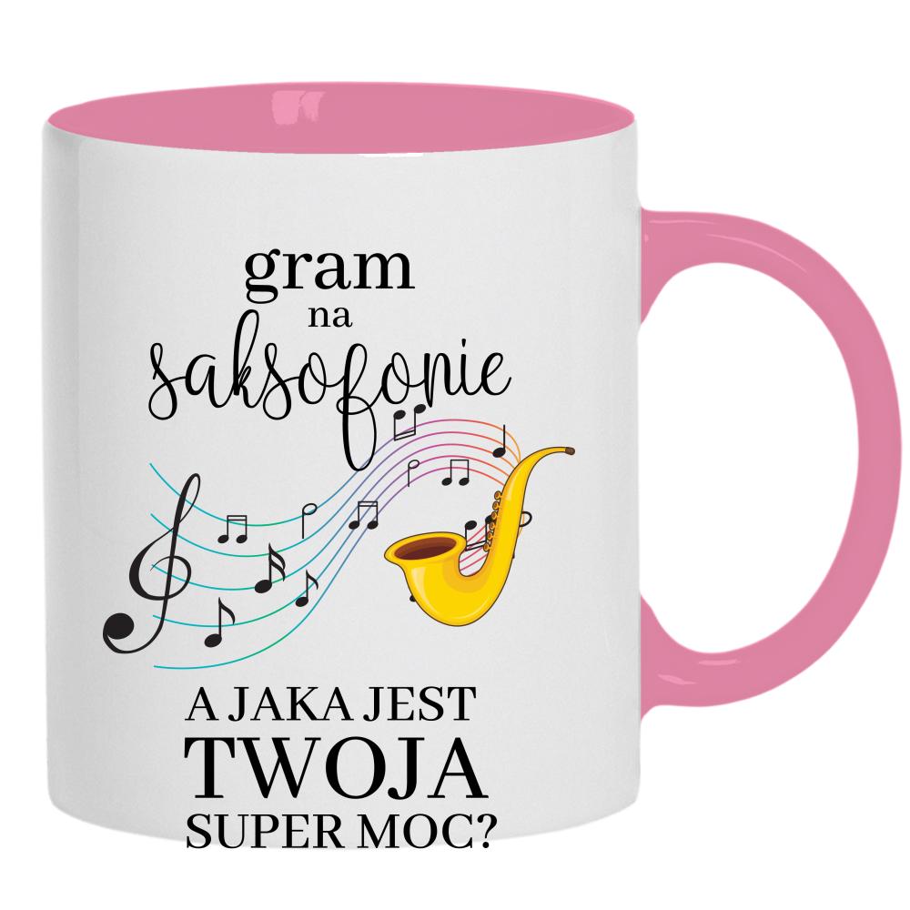 Gram na saksofonie kubek ucho kolor kolor różowy