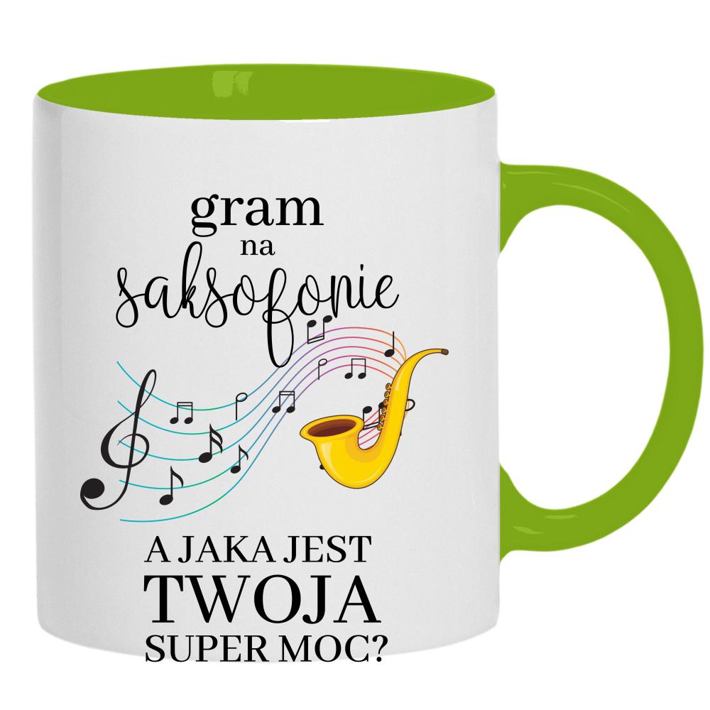 Gram na saksofonie kubek ucho kolor kolor zielony