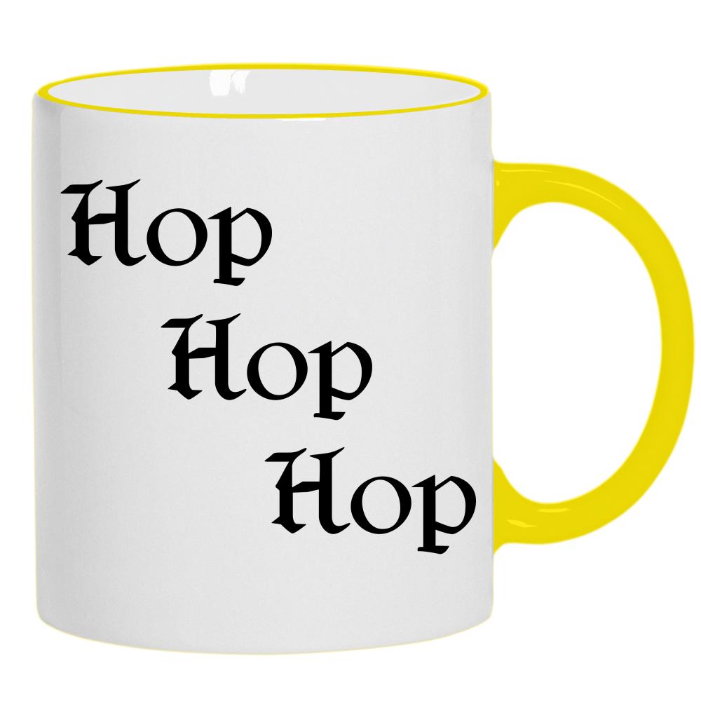hop, hop, hop kubek żółty uchwyt i rant kolor czerwony latte