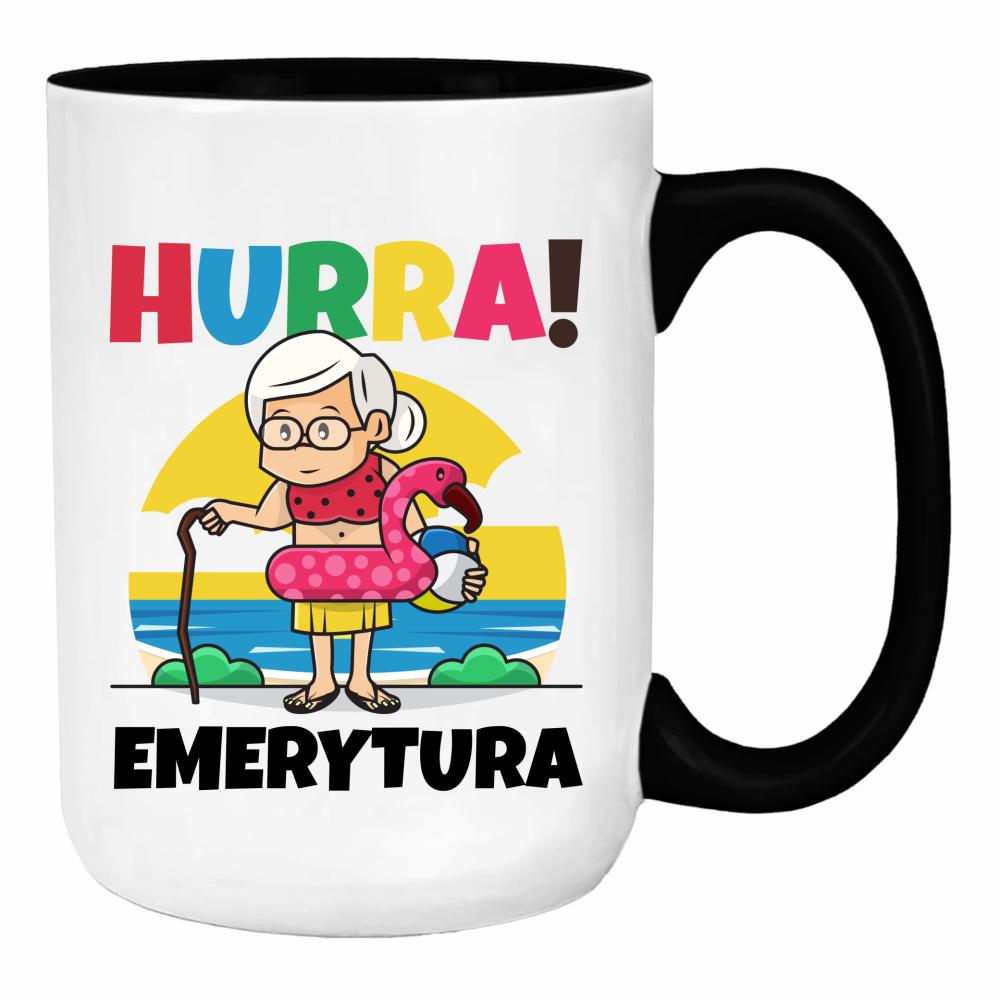 Hurra! Emerytura duży kubek ucho kolor kolor czarnyy