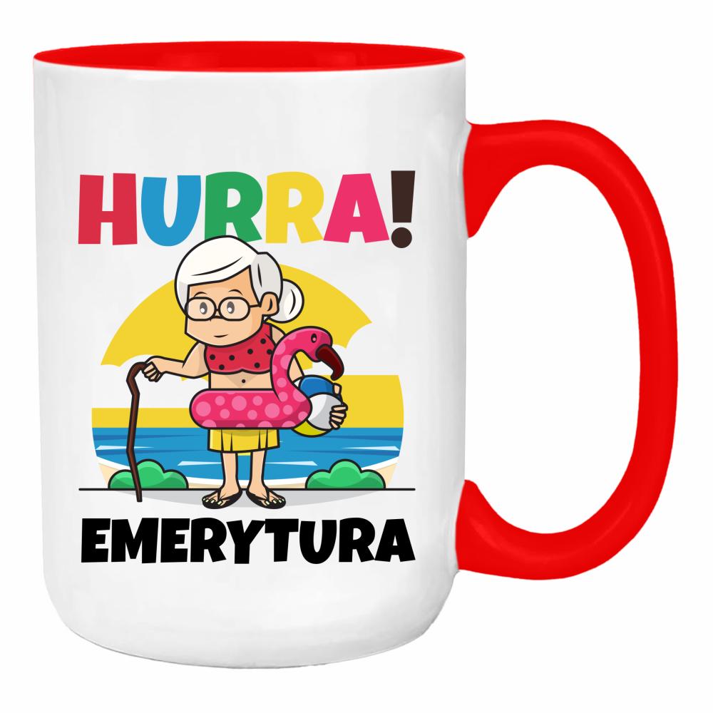 Hurra! Emerytura duży kubek ucho kolor kolor red