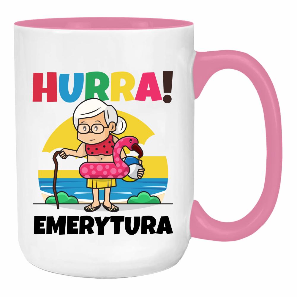 Hurra! Emerytura duży kubek ucho kolor kolor różowy
