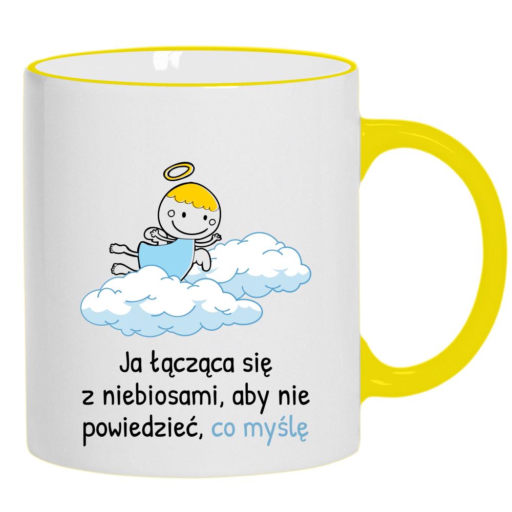 Ja łącząca się z niebiosami kubek żółty uchwyt i rant kolor czerwony