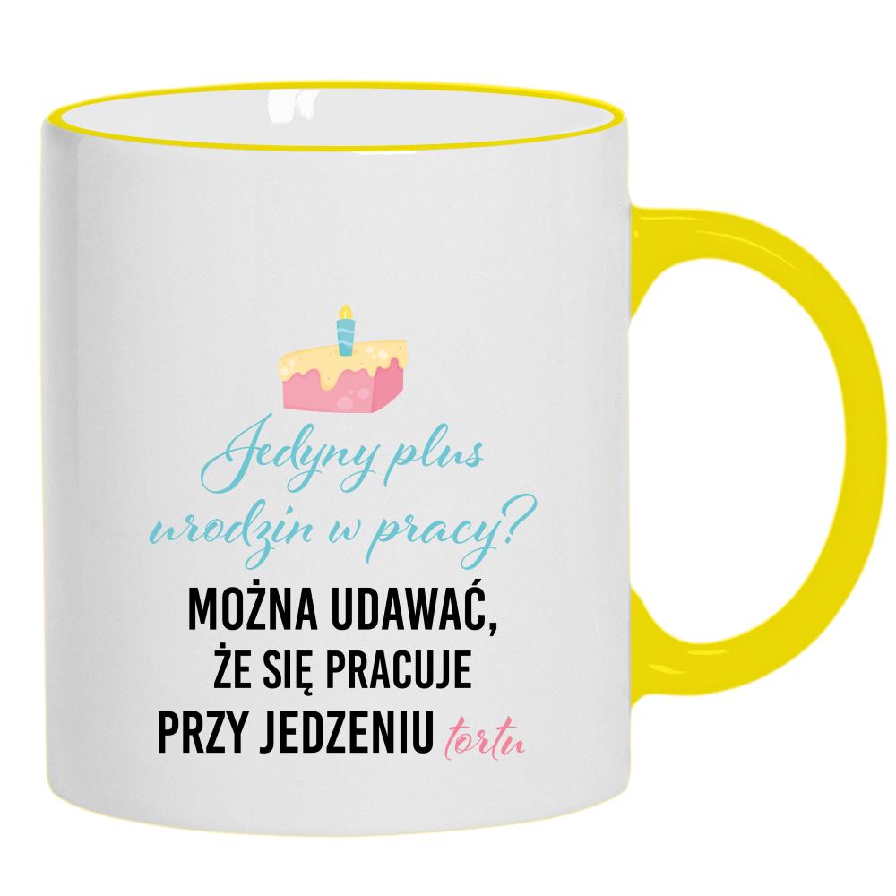 Jedyny plus urodzin w pracy? kubek żółty uchwyt i rant kolor miętowo zielony
