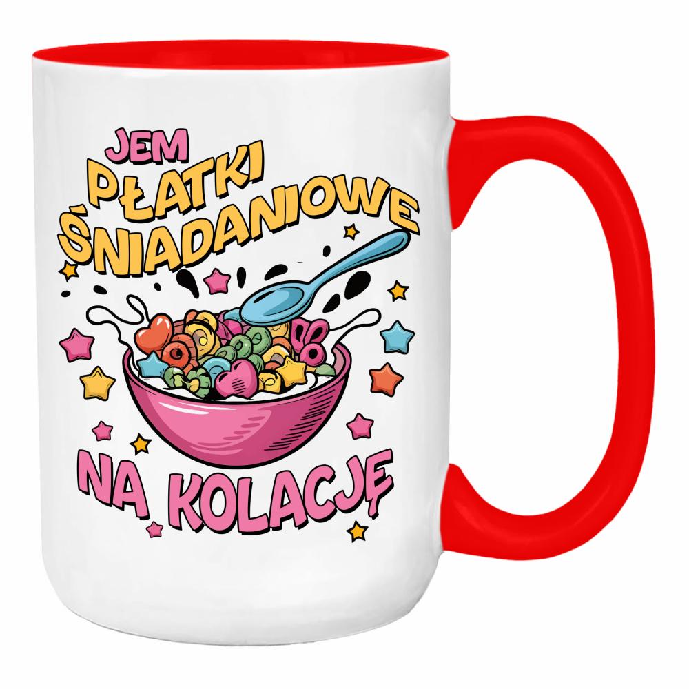 Jem płatki śniadaniowe na kolację duży kubek ucho kolor kolor red
