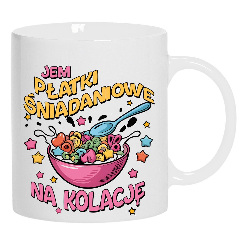 Jem płatki śniadaniowe na kolację kubek ucho kolor kolor biały