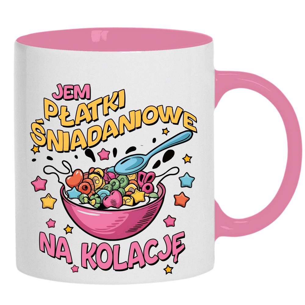 Jem płatki śniadaniowe na kolację kubek ucho kolor kolor różowy