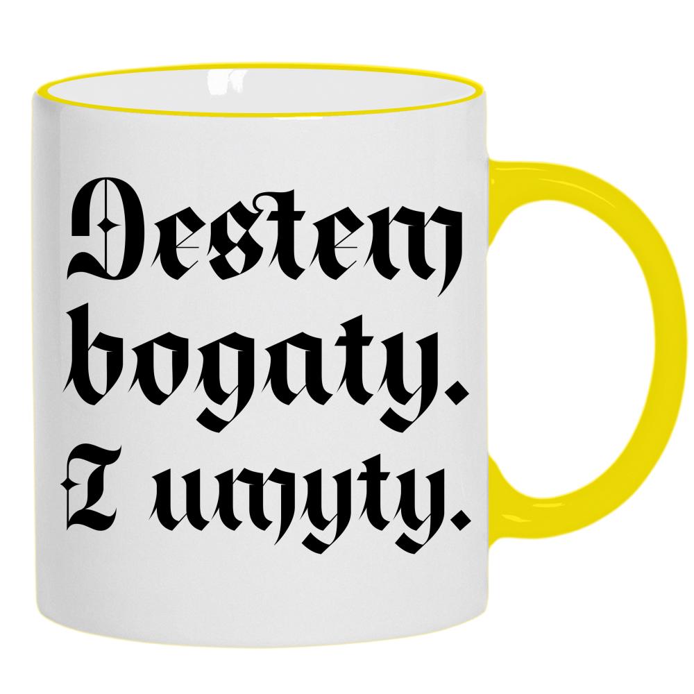 Jestem bogaty i umyty kubek żółty uchwyt i rant kolor niebieski