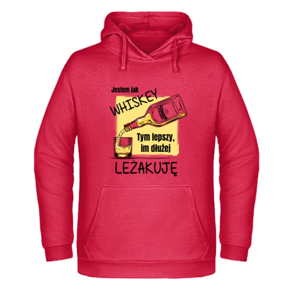 Jestem jak whiskey lepszy im dłużej leżakuję bluza męska z kapturem kolor czerwony