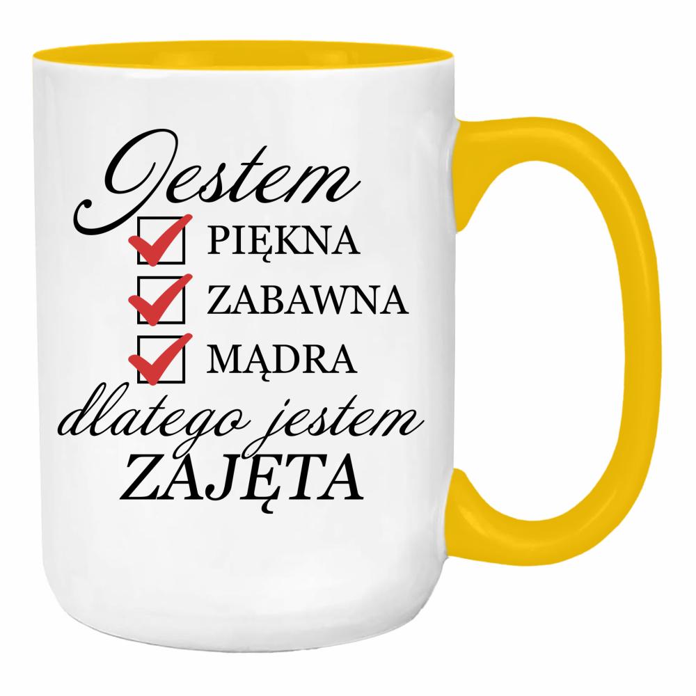 Jestem piękna zabawna dlatego jestem zajęta duży kubek ucho kolor kolor żółty