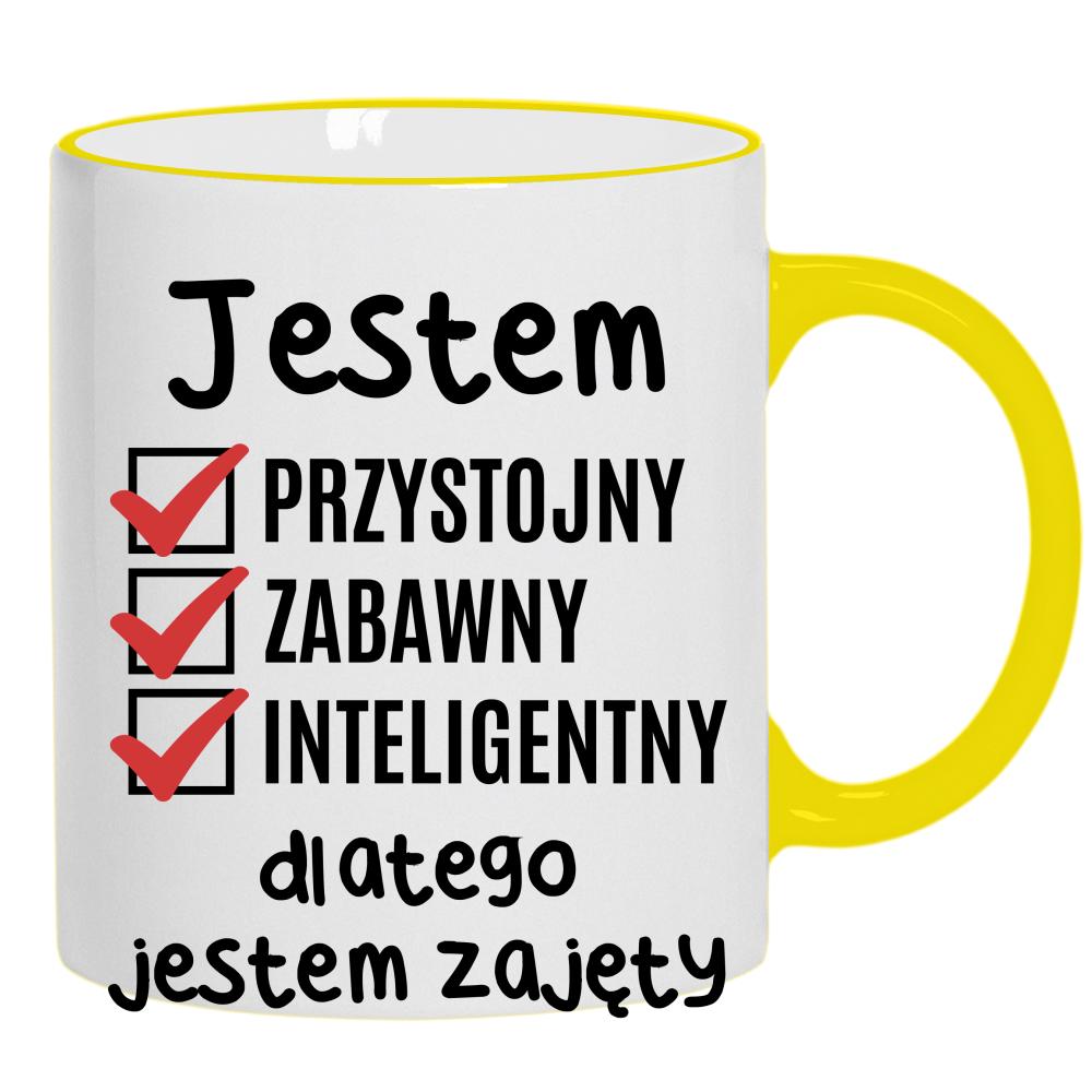 Jestem przystojny zabawny dlatego jestem zajęty kubek żółty uchwyt i rant kolor zielony