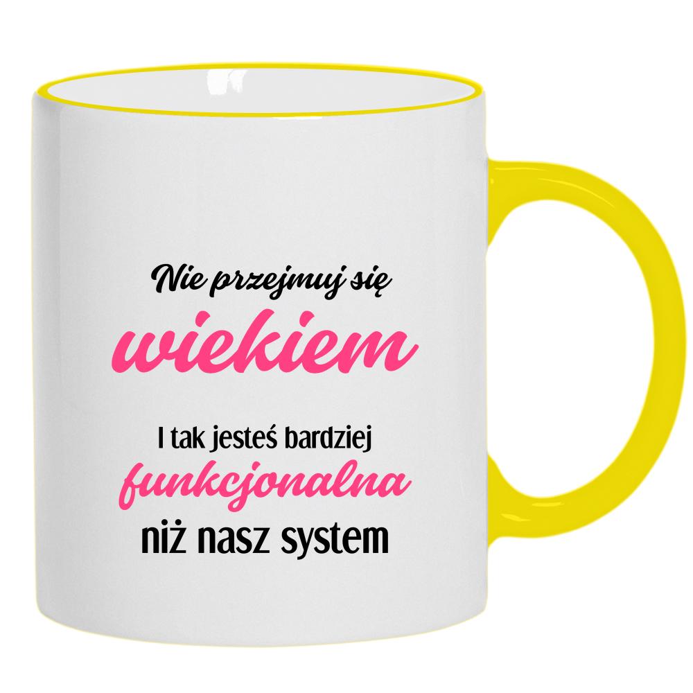 Jesteś bardziej funkcjonalna niż nasz system kubek żółty uchwyt i rant kolor czerwony latte