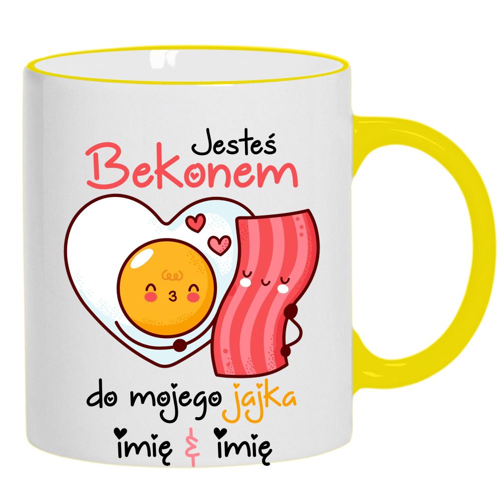 JESTEŚ BEKONEM DO MOJEGO JAJKA kubek żółty uchwyt i rant kolor navy