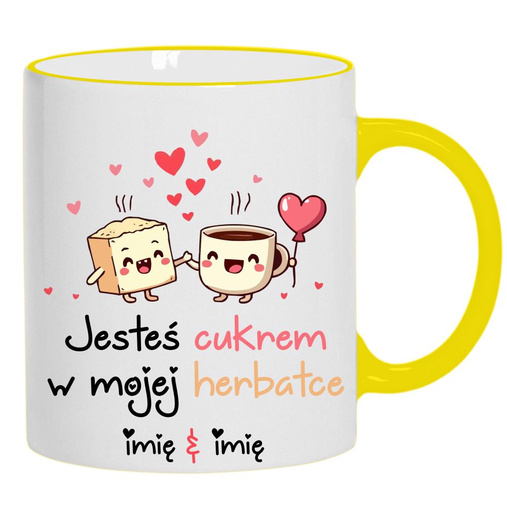 JESTEŚ CUKREM W MOJEJ HERBATCE kubek żółty uchwyt i rant kolor czarnyy