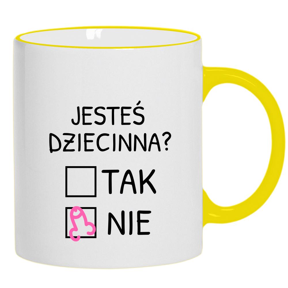 Jesteś dziecinna? kubek żółty uchwyt i rant kolor różowy