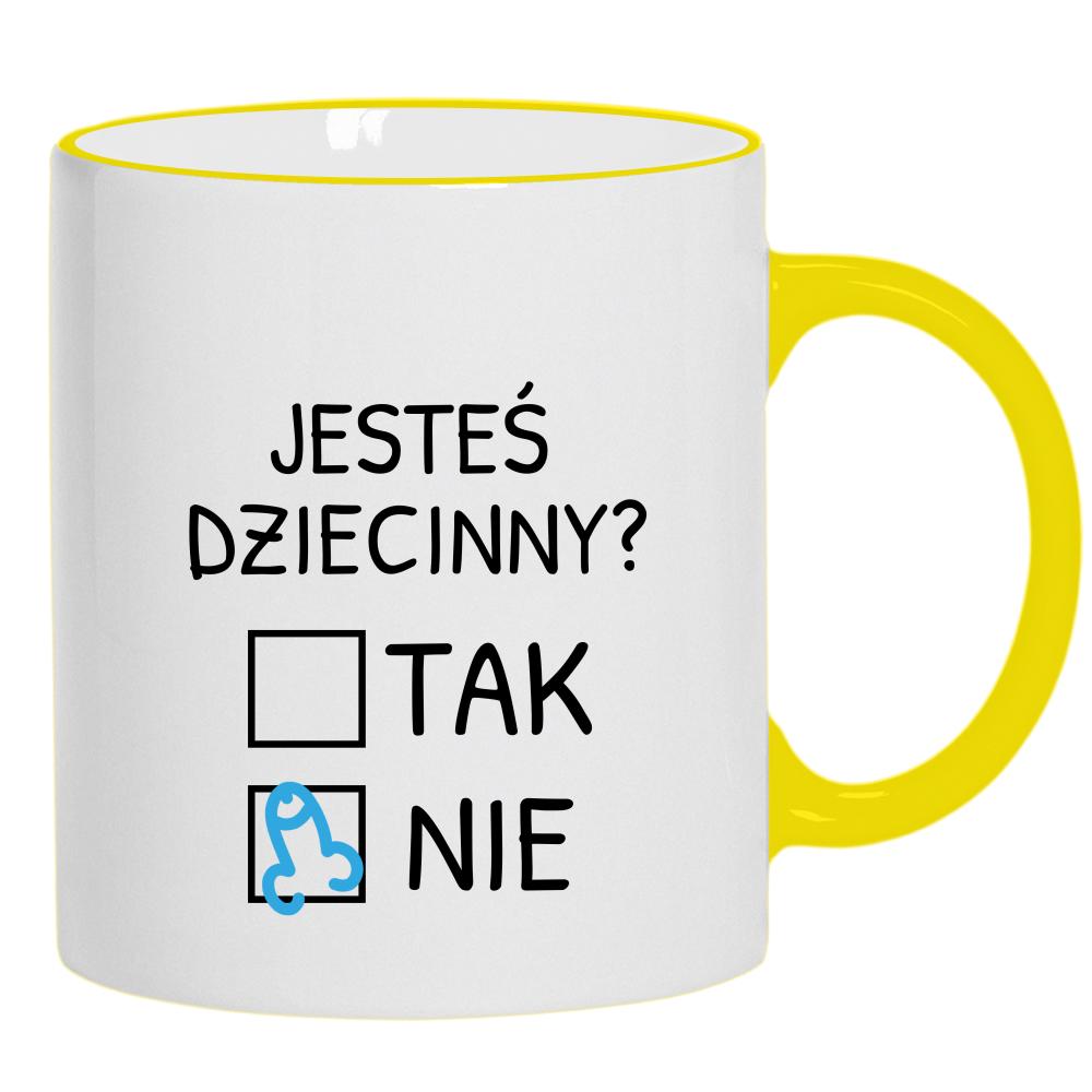 Jesteś dziecinny? kubek żółty uchwyt i rant kolor miętowo zielony